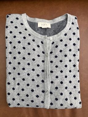 LOFT Gray Cardigan with Black Polka Dots